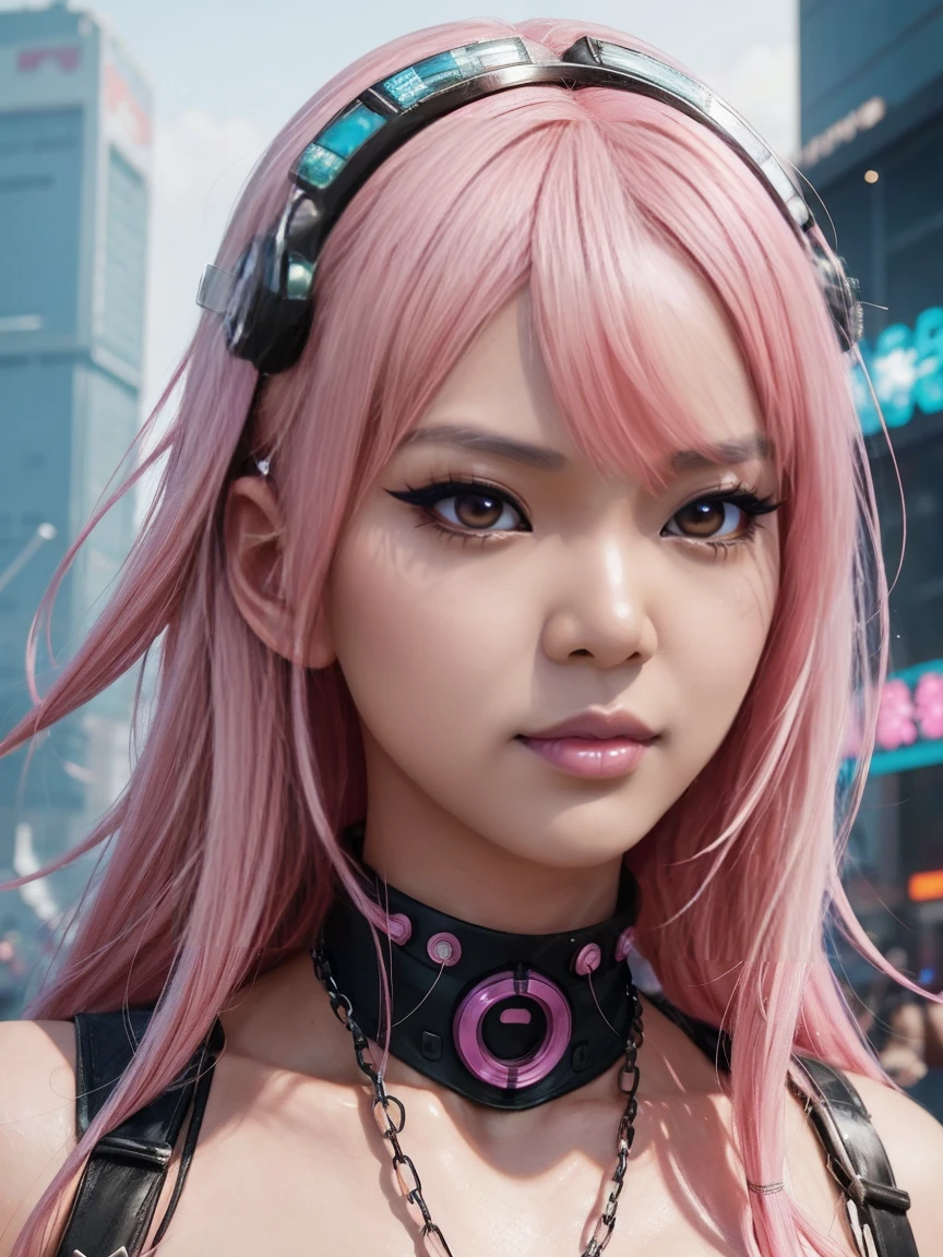 a close up of a person with pink hair and a chain around their head, artwork in the style of guweiz, inspired by Yanjun Cheng, hyper-realistic cyberpunk style, detailed digital anime art, guweiz, loish and wlop, beeple and jeremiah ketner, 8k high quality detailed art, cyberpunk style ， hyperrealistic