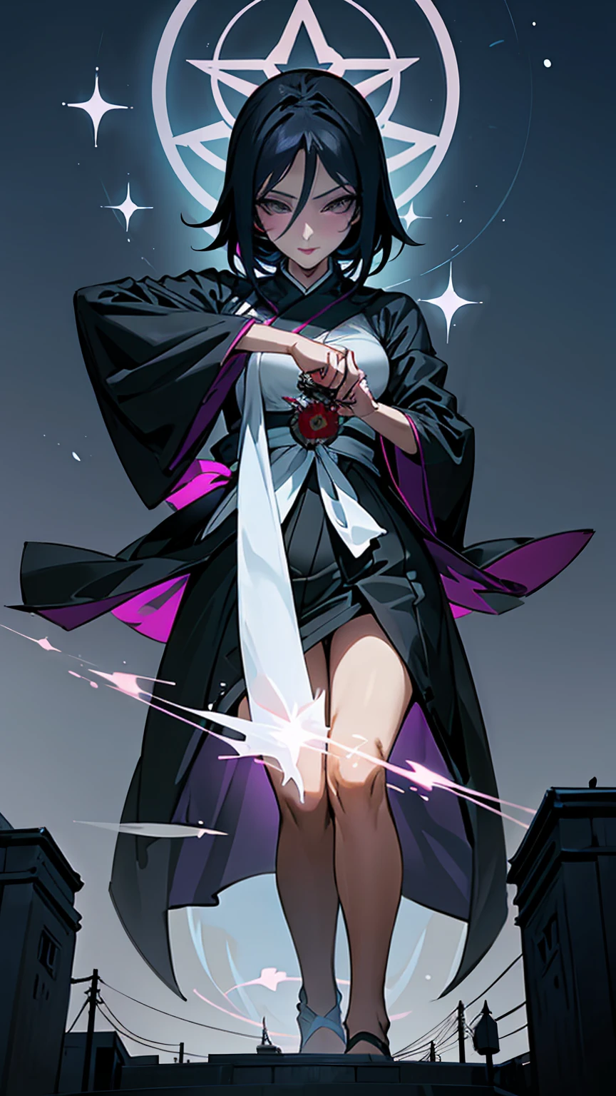 Giantess ((Rukia Kuchiki from Bleach)) calm and determined (masterpiece best quality) serious expression, eyes sharp with resolve (real picture intricate details) (1 lady solo tall and slender body) short black hair, deep violet eyes (tight soul reaper uniform, emphasizing her lethal grace) towering over a tiny hollow, her zanpakuto poised to strike, the stark difference in their power making her feel a deep sense of duty. She relishes the control she has, her mind focused on her mission. Background: Nighttime cityscape, the air charged with spiritual energy.

