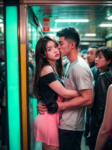 a candid shot on the subway station, (behind a glass shot:1.2), (best quality:1.5), japanese, (1man and 1girl), 25y a man in cas...