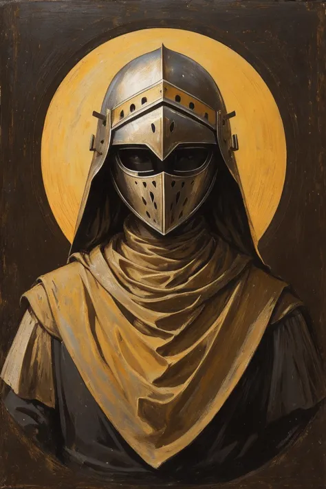 a painting of a young medieval woman, gaunt, collarbone wrapped in yellowing bandages, wearing dirty knight armor, bandages cove...