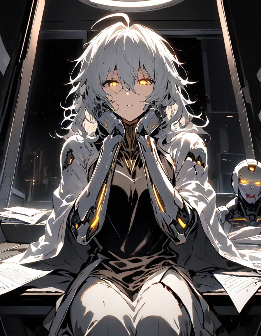 mature, Golden eyes, looking at viewer, female, hospital room background, messy hair, grey shoulder-length hair, ponytail, parted lips, hair between eyes, ahoge, background in low light, dark, night, emotionless, robot, white cloak, black shirt, robotic left eye, sitting down, desk, papers, glowing eyes, hand on face, damaged arms, damaged eye, no emotion, half-robot, prototype, bored, faux skin