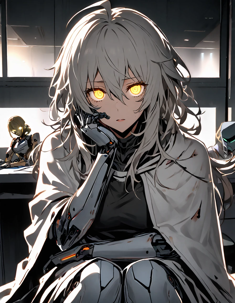 mature, Golden eyes, looking at viewer, female, hospital room background, messy hair, grey shoulder-length hair, ponytail, parted lips, hair between eyes, ahoge, background in low light, dark, night, emotionless, robot, white cloak, black shirt, robotic left eye, sitting down, desk, papers, glowing eyes, hand on face, damaged arms, damaged eye, no emotion, half-robot, prototype, bored