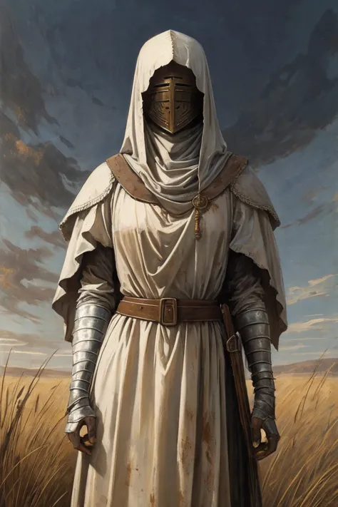 a painting of a young medieval woman, gaunt, collarbone wrapped in yellowing bandages, wearing dirty knight armor, bandages cove...