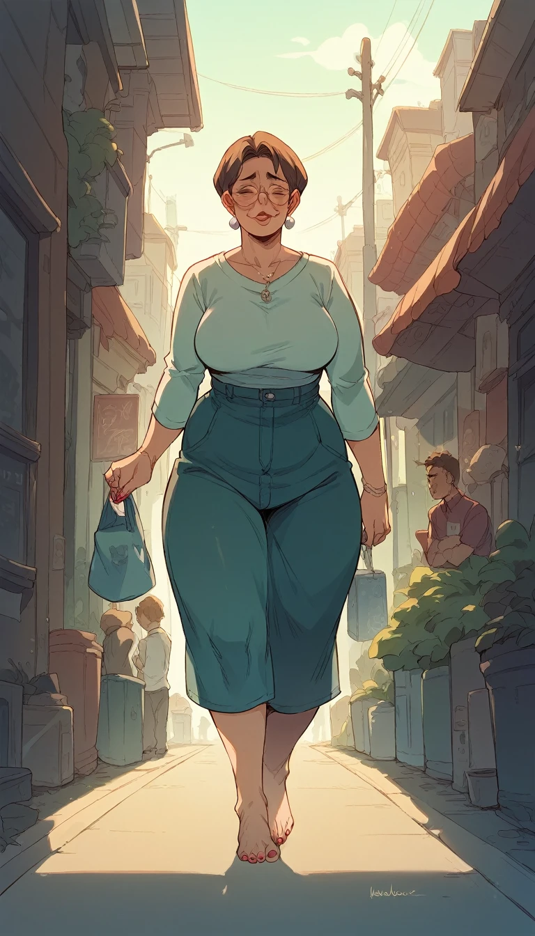 mature mother neet Nerd milf fat wide hips fat tall,sobbing, feet painted nails,walking down the city street 