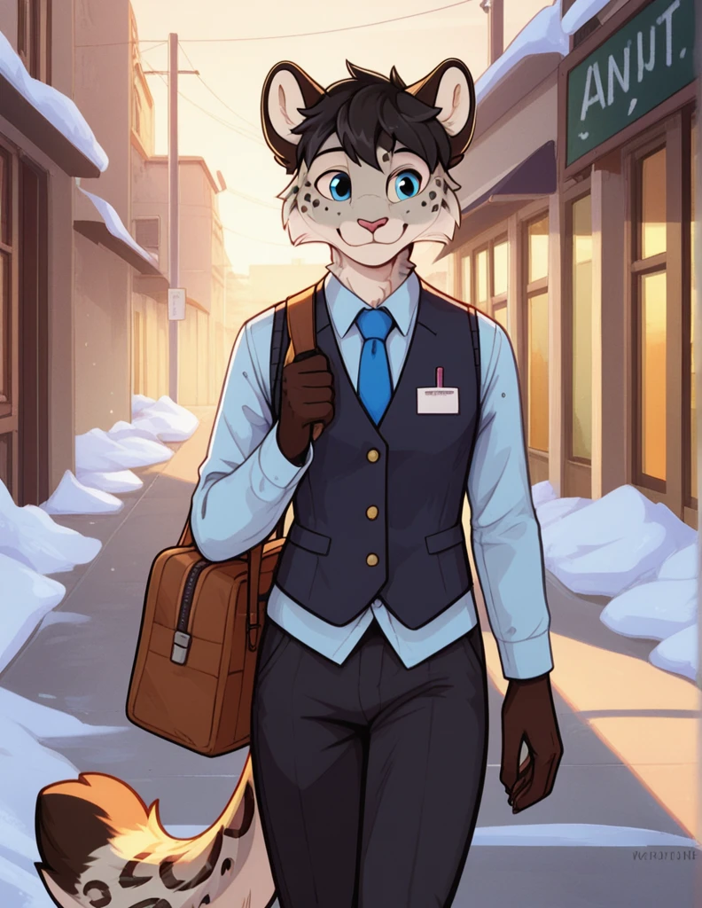 Kind, self-satisfied smile, 1 boy, antero, furry, fur, fluffy fur, snow leopard, single, short black hair, blue eyes, black pants, sap color vest, teacher, after closing the class, Samsunt bag Black in his right hand, walking on the  school, details, score_9, score_8, score_8, score_7, score_6, score_5, score_4