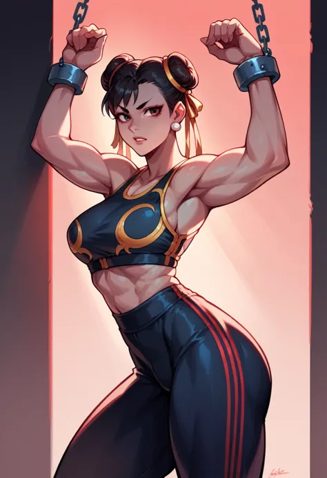 chun li wearing black leggins and black sport bra, hands chained to wall (dark room with red neon lighting)