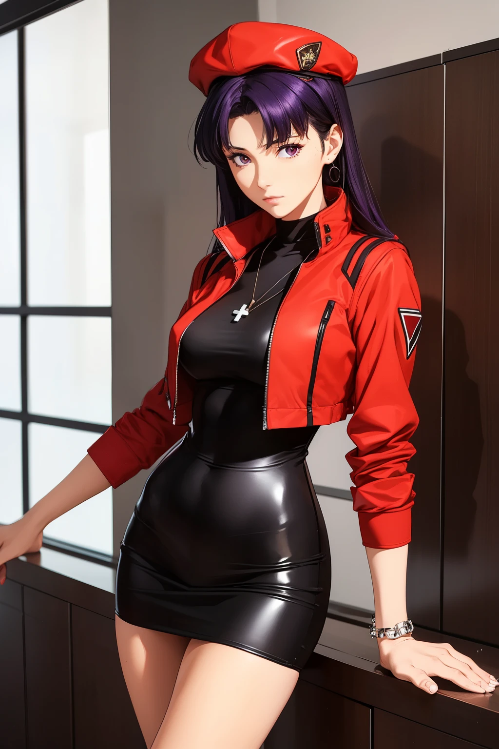 1womanl, attire: Black Bodycon,middlebreast、 short black tight dress, Eyes are brown, Purple hair, Medium Hair, make up, cross necklace, tall, Slim body, Misato katsuragi (nffsw), (((Misato katsuragi))), Indoors, livingroom, (((Front view))), Looking at Viewer, lovely thighs, Perfectly detailed face, fully detailed hands and fingers, Masterpiece 1.1, Intricately detailed, ultra graphics, SFW version, (((Mature 1.1))), attire: jacker, Red jacket, red bullet hat、Symmetrical face、