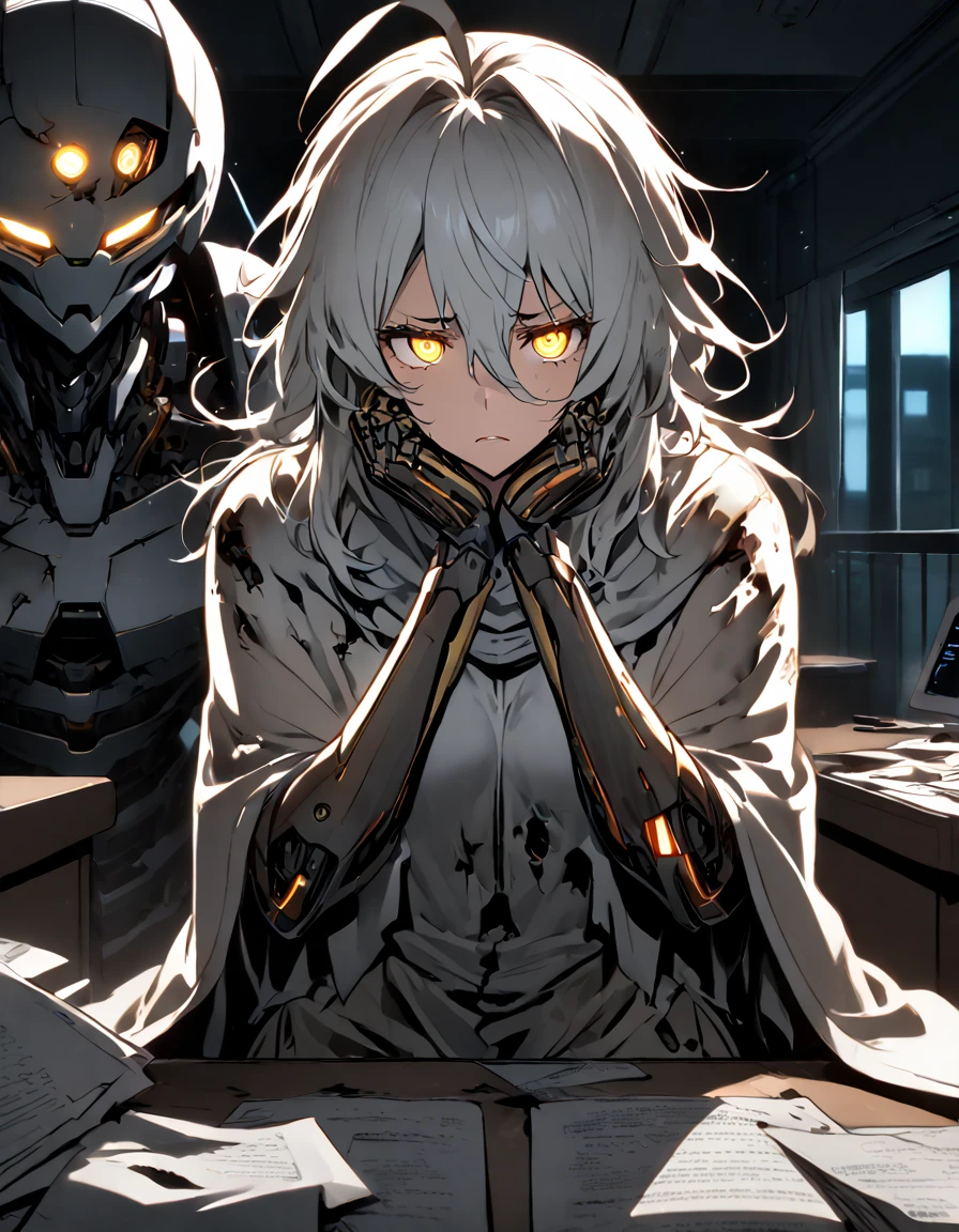 mature, Golden eyes, looking at viewer, female, hospital room background, messy hair, silver shoulder-length hair, ponytail, parted lips, hair between eyes, ahoge, background in low light, dark, night, emotionless, robot, white cloak, robotic left eye, sitting down, desk, papers, glowing eyes, hand on face, damaged arms, damaged eye, no emotion, half-robot, prototype, bored, frown