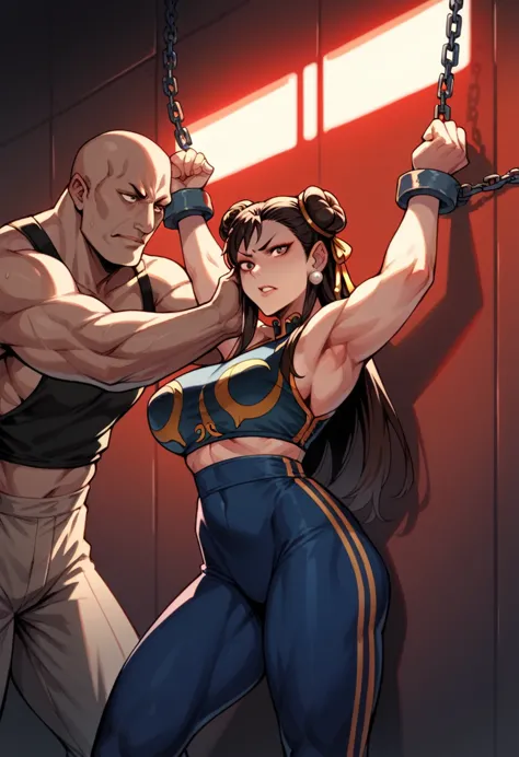 chun li (long hair) wearing black leggins and black sport bra, hands chained to wall (dark garage with red neon lighting). a big...