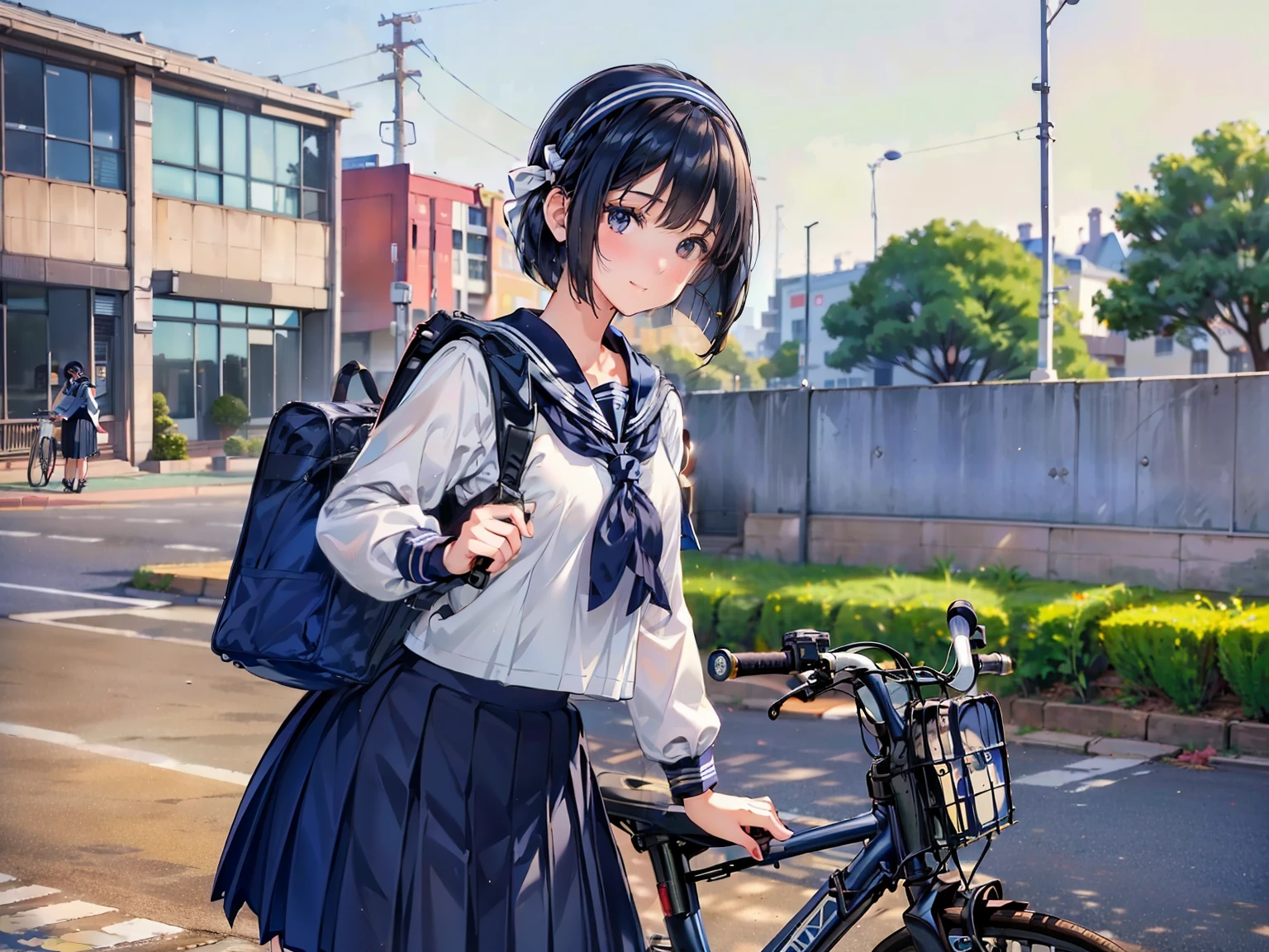 One Woman, (Beautiful woman, delicate:1.3), Black Hair, (bob cur:1.4), bangs, 8k, Highest quality, masterpiece, Very detailed, Ultra-high resolution, Realistic, RAW Photos, Absolute Resolution, Black Hair, (dark blue sailor uniform:1.4), (dark blue pleated skirt:1.4), (Realistic junior high school student:1.4), (White headband:1.4), Small breasts, expensive, Bright Blue Eyes, (In front of the school gate), smile, (standing pose:1.4), (one school bag on shoulder:1.4), (long skirt:1.4), slender female body, (Blur the background:1.4), (looking at the camera:1.4), (glossy hair), (get on a bicycle:1.4), (Sprint on a bicycle:1.4),