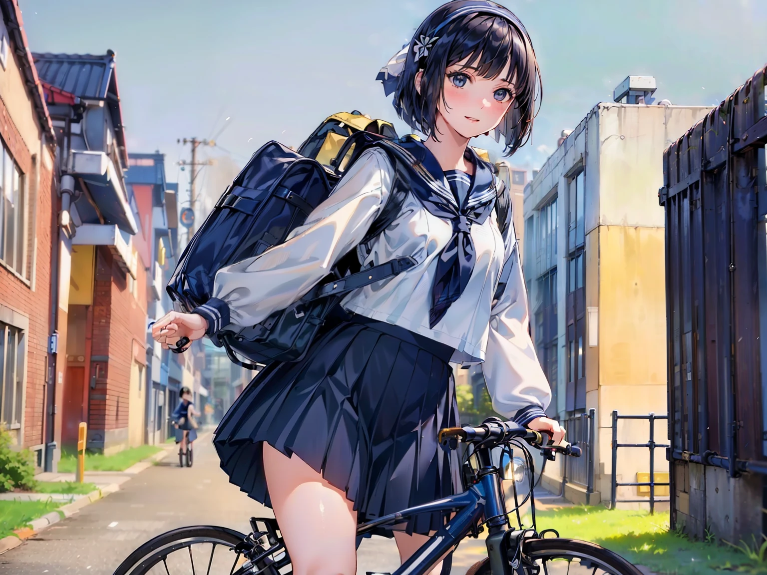 One Woman, (Beautiful woman, delicate:1.3), Black Hair, (bob cur:1.4), bangs, 8k, Highest quality, masterpiece, Very detailed, Ultra-high resolution, Realistic, RAW Photos, Absolute Resolution, Black Hair, (dark blue sailor uniform:1.4), (dark blue pleated skirt:1.4), (Realistic junior high school student:1.4), (White headband:1.4), Small breasts, expensive, Bright Blue Eyes, (In front of the school gate), smile, (standing pose:1.4), (one school bag on shoulder:1.4), (long skirt:1.4), slender female body, (Blur the background:1.4), (looking at the camera:1.4), (glossy hair), (get on a bicycle:1.4), (Sprint on a bicycle:1.4),