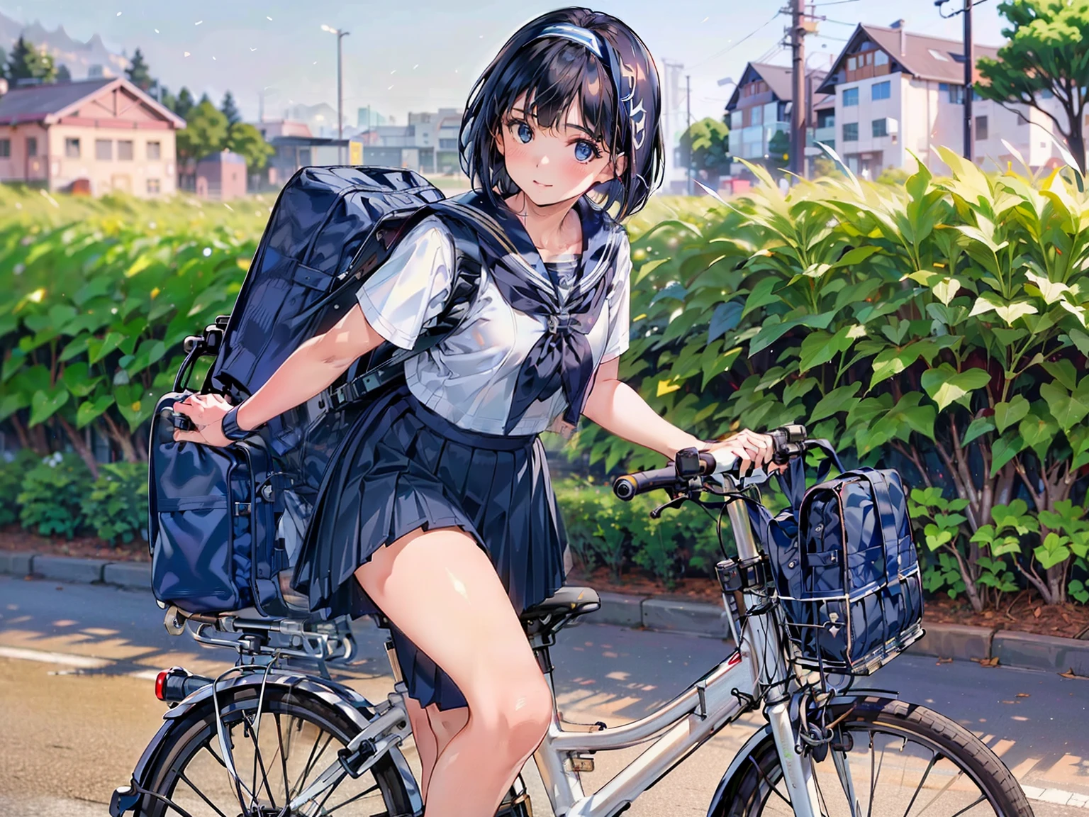 One Woman, (Beautiful woman, delicate:1.3), Black Hair, (bob cur:1.4), bangs, 8k, Highest quality, masterpiece, Very detailed, Ultra-high resolution, Realistic, RAW Photos, Absolute Resolution, Black Hair, (dark blue sailor uniform:1.4), (dark blue pleated skirt:1.4), (Realistic junior high school student:1.4), (White headband:1.4), Small breasts, expensive, Bright Blue Eyes, (In front of the school gate), smile, (standing pose:1.4), (one school bag on shoulder:1.4), (long skirt:1.4), slender female body, (Blur the background:1.4), (looking at the camera:1.4), (glossy hair), (get on a bicycle:1.4), (Sprint on a bicycle:1.4),