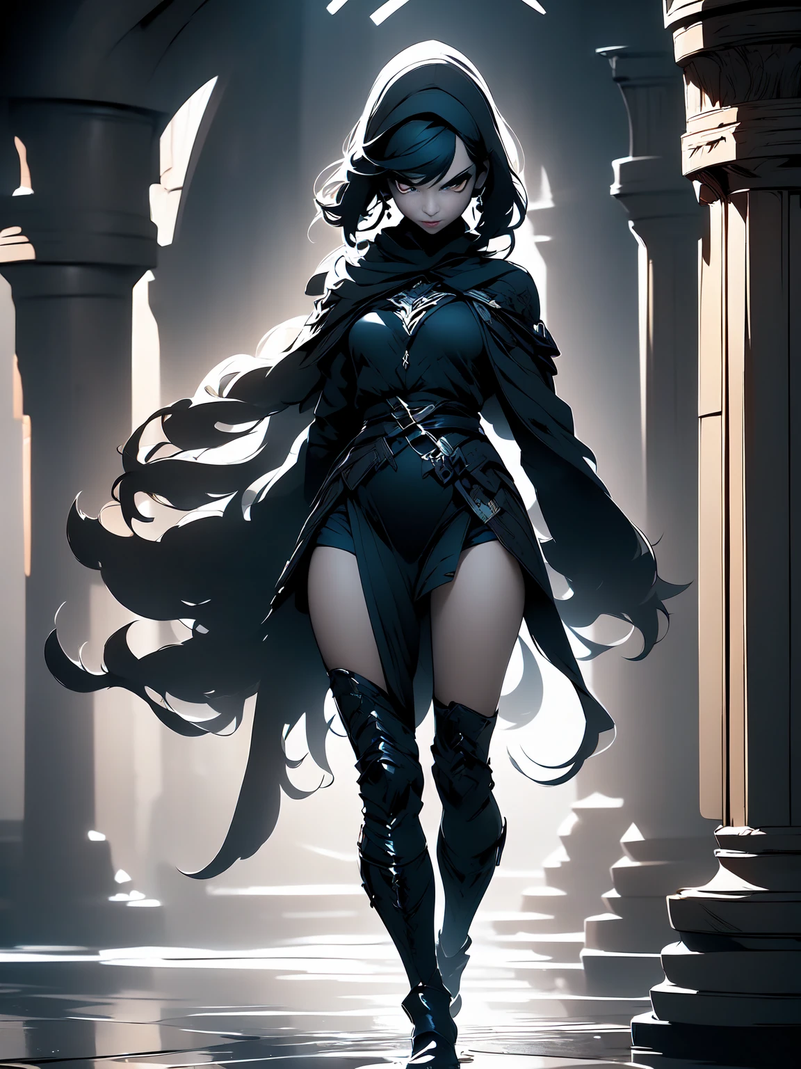 Girl with long white hair down to her waist, with small red details, red eyes, long black dress with a leg slit, with red details, long black boots up to below the knees, white skin, the ground around her is cracking and small stones are floating around her surrounded by a black aura, she is surrounded by shadows, and the background is dark like the night with the universe and stars, her presence causes fear, her shadow appears to be a monster, 8k, high quality, full body, (ultra-realistic), {extremely detailed 8k CG unit wallpaper}, expansive landscape photograph, (light: 2.0), (warm light source: 1.5), complex details, (iridescent colors: 1.5), (bright lighting), (atmospheric lighting), surreal, impressive, fantasy, (Solo: 1.2), White moon