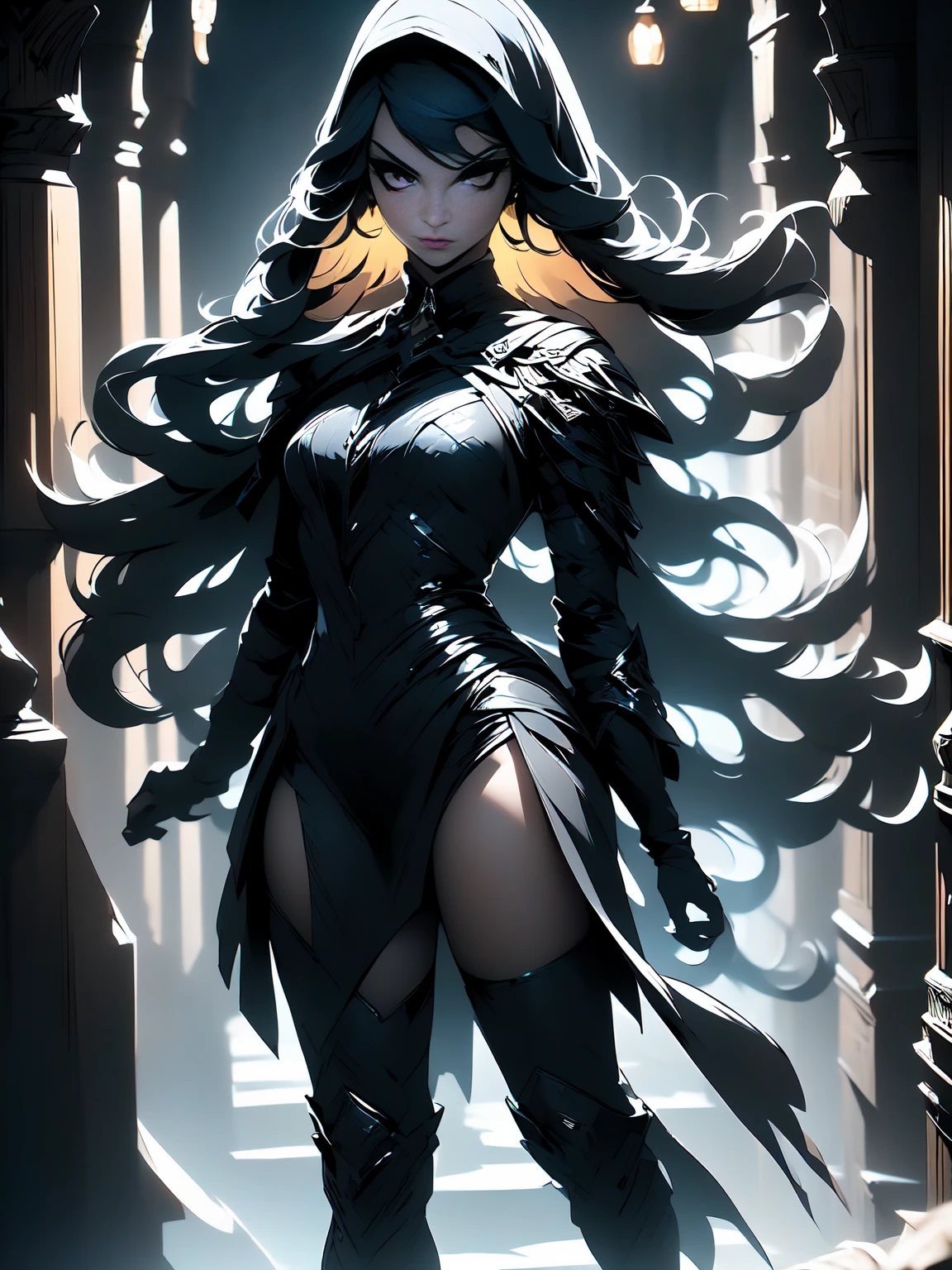 Girl with long white hair down to her waist, with small red details, red eyes, long black dress with a leg slit, with red details, long black boots up to below the knees, white skin, the ground around her is cracking and small stones are floating around her surrounded by a black aura, she is surrounded by shadows, and the background is dark like the night with the universe and stars, her presence causes fear, her shadow appears to be a monster, 8k, high quality, full body, (ultra-realistic), {extremely detailed 8k CG unit wallpaper}, expansive landscape photograph, (light: 2.0), (warm light source: 1.5), complex details, (iridescent colors: 1.5), (bright lighting), (atmospheric lighting), surreal, impressive, fantasy, (Solo: 1.2), White moon