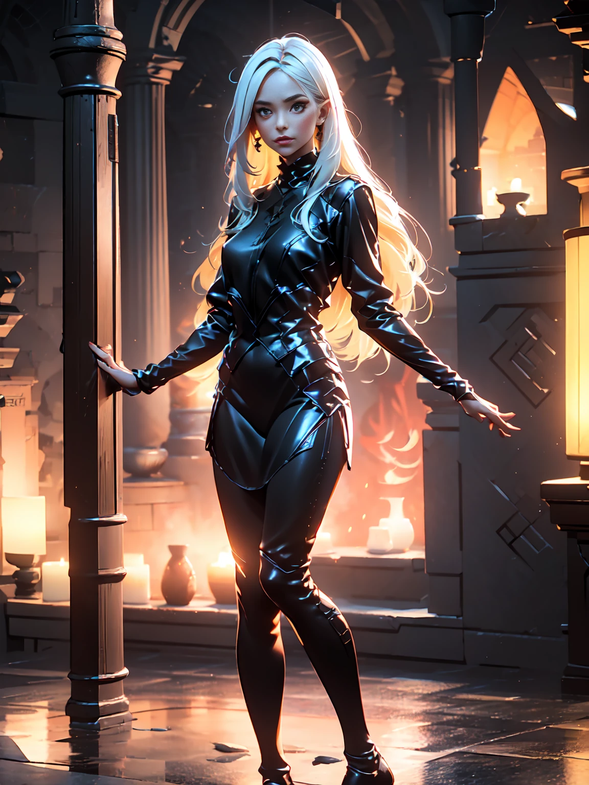 Girl with long white hair down to her waist, with small red details, red eyes, long black dress with a leg slit, with red details, long black boots up to below the knees, white skin, the ground around her is cracking and small stones are floating around her surrounded by a black aura, she is surrounded by shadows, and the background is dark like the night with the universe and stars, her presence causes fear, her shadow appears to be a monster, 8k, high quality, full body, (ultra-realistic), {extremely detailed 8k CG unit wallpaper}, expansive landscape photograph, (light: 2.0), (warm light source: 1.5), complex details, (iridescent colors: 1.5), (bright lighting), (atmospheric lighting), surreal, impressive, fantasy, (Solo: 1.2), White moon