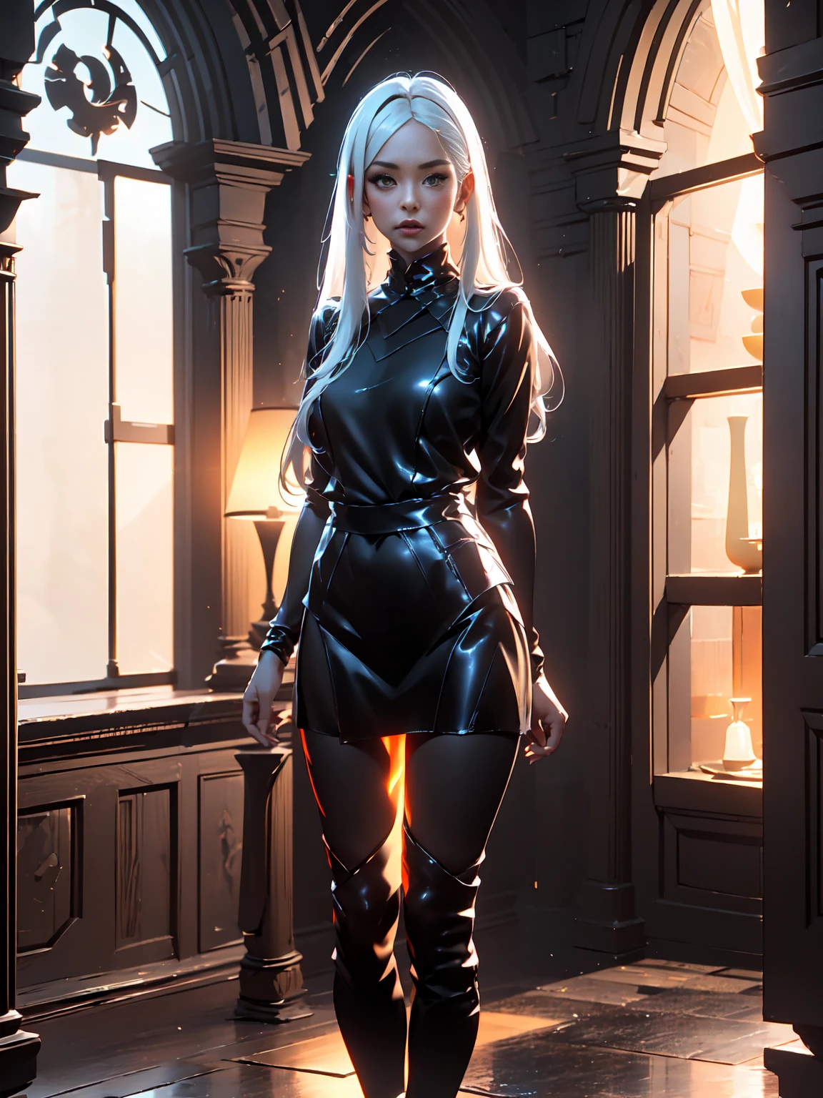 Girl with long white hair down to her waist, with small red details, red eyes, long black dress with a leg slit, with red details, long black boots up to below the knees, white skin, the ground around her is cracking and small stones are floating around her surrounded by a black aura, she is surrounded by shadows, and the background is dark like the night with the universe and stars, her presence causes fear, her shadow appears to be a monster, 8k, high quality, full body, (ultra-realistic), {extremely detailed 8k CG unit wallpaper}, expansive landscape photograph, (light: 2.0), (warm light source: 1.5), complex details, (iridescent colors: 1.5), (bright lighting), (atmospheric lighting), surreal, impressive, fantasy, (Solo: 1.2), White moon