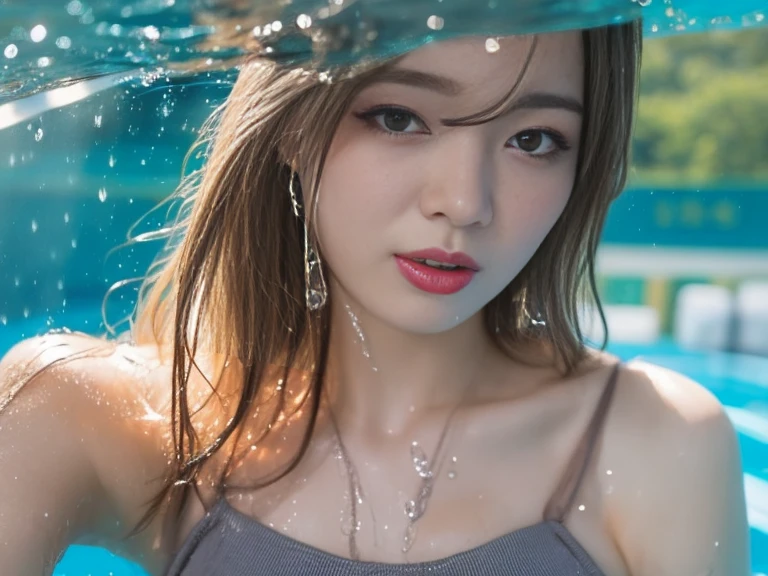 
(Highest quality, 8k, masterpiece: 1.3), Gorgeous Woman, 1 person, (Almost naked swimsuit: 1.2) ( healthy, Perfect body: 1.2), Abdominal muscles: 1.1, Dark brown hair: 1.1, (Rain falls and I get wet, Wet body: 1.2), (Pool Room: 1.6) Highly detailed face, Detailed lips, Detailed eyes, double eyelid　Pubic hair Tanned skin、Covered in champagne bubbles、champagne fight、Very sexy、A surprised expression at the unexpected