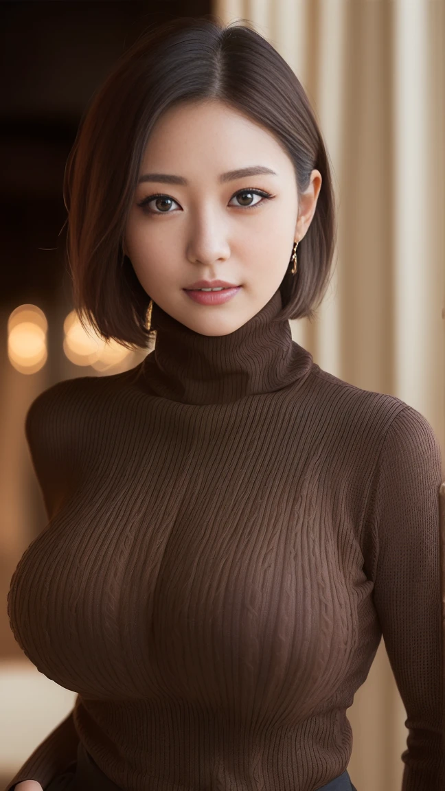 黒いturtleneckのセーターを着た日本女性、 (((masterpiece))), ((Highest quality)), ((Intricate details)), (((超Realistic)), irrational solution, The Law of Perspective, Very detailed, Realistic, 1 person, ((Big Breasts)), Perfect hands, Finger details, Beautiful and beautiful eyes, short hair, Brown eyes,(turtleneck:1.2), Tight Skirt, Detailed Background, choker, Perfect Eyes, Captivating eyes, Looking at the audience, from the front、Laughter、Moles around the mouth、Knitted dress