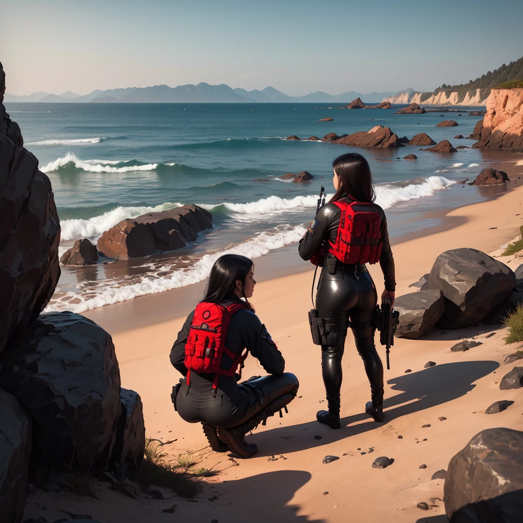 (1girl, Full-body view from behind to emphasize their tactical gear and presence, Ensure the girl operator is detailed with a red latex bodysuit, including a tactical vest and perhaps some unique insignia or gear., Center or slightly off-center to make them the focal point, Standing confidently or in a dynamic stance that conveys readiness. The girl operator’s silhouette should be detailed enough to be recognizable but still maintain an air of mystery from behind., One wolf could be in a crouched position with a focused, alert expression, and the other could be standing, slightly turned as if surveying the area.), (Two wolves to flank the operator, suggesting companionship or protection, One on each side of the operator, possibly in a crouched or alert stance, Detailed and fierce, with an emphasis on their strong, sleek forms.), (Create a rugged, realistic shoreline with some rocks and waves to set the scene, Place it in the distance, partially emerging from the water to add depth and a hint of military might, Ensure the submarine is recognizable but not overly detailed to keep it in the background.) The shoreline, integrating natural elements like rocks and waves., Submarine emerging from the sea, possibly with a faint mist or water effects., Dark, muted military colors like greens, grays, and blacks., Use highlights in white or lighter shades to add contrast, especially for the submarine, A gradient or subtle blend of blues and grays for the sea and sky.,