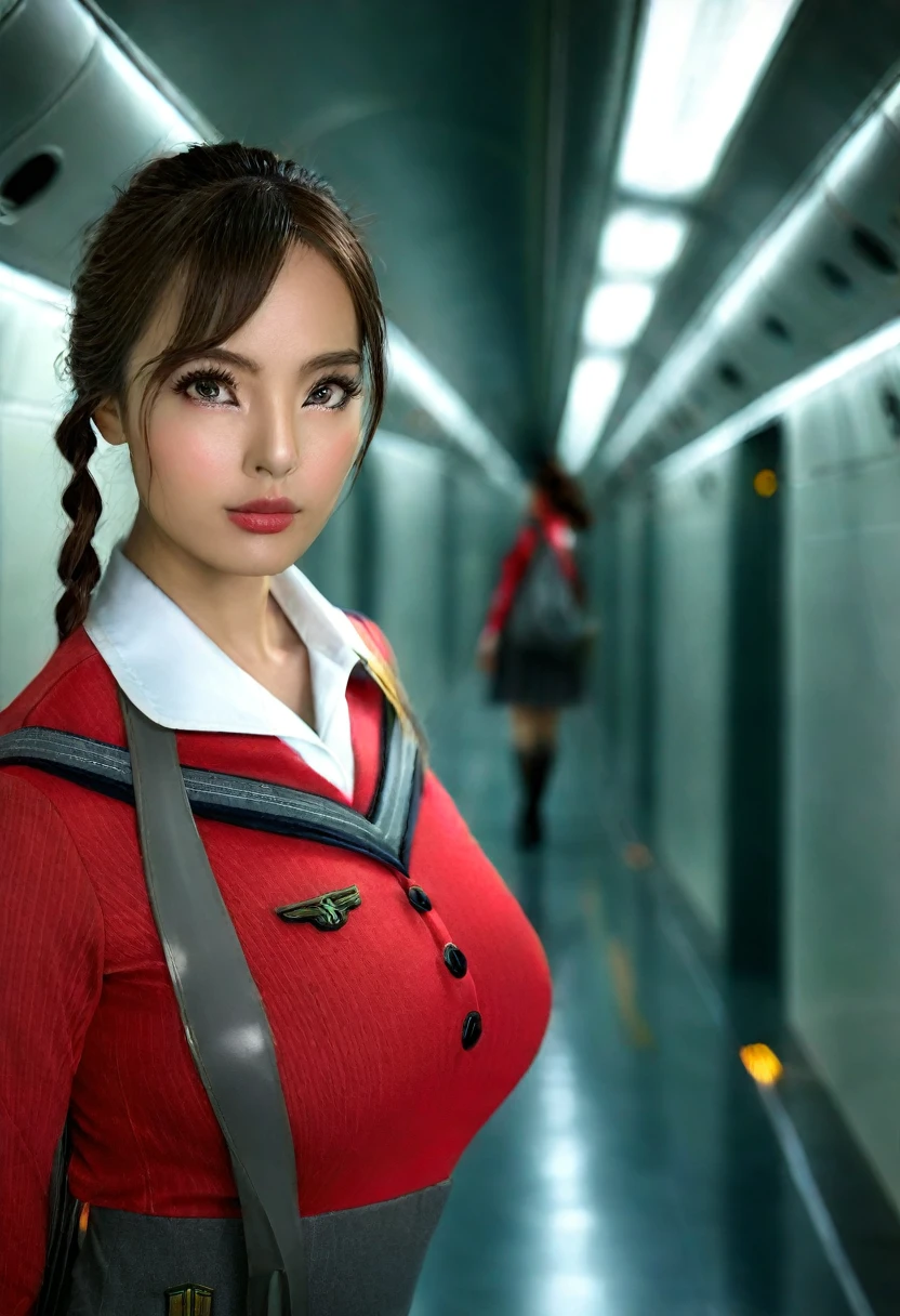 masterpiece, 1girl, solo, extremely detailed, photo realistic, high resolution, soft lighting, cinematic angle, slender, slim, detailed face, beautiful eyes, pretty face, a girl wearing uniform standing in a plane corridor, red shirt and gray skirt,