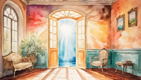 watercolor style art dream space，there is a dream door，lumiere，rays of lumiere，colorfully，artwork style，pictorial，posters，dreamy...