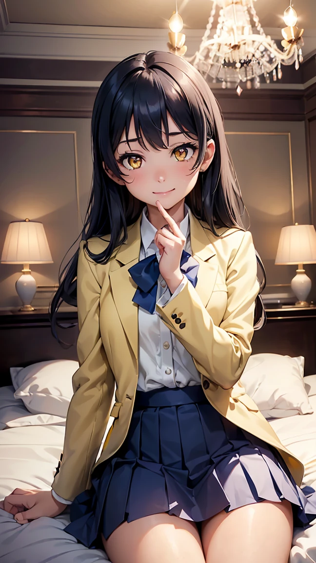 umi sonoda, long hair, blue hair, (yellow eyes:1.5), blazer, blue skirt, jacket, otonokizaka school uniform, pleated skirt, school uniform, winter uniform, --(8K, raw, highest quality, real 1.2), ultra high quality, high resolution, highest quality, perfect face, perfect limbs, perfect fingers, high resolution, (beautiful anime face, cute face, detailed face), smile of joy, smiling expression, sitting on bed, cowboy shot, miniature human hand, (((medium bust 1.3))), (((thin thighs 1.3))), ((white walls bedroom 1.5)), ((white framed bed 1.5)), ((white ceiling bedroom 1.5)), ((divine light 1.5)), pure white chalk interior, pure white marble interior, ((Pure white bedroom like a Western castle: 1.5)), ((Luxurious pure white canopy bed: 1.4)), ((Chandelier: 1.4))), ((Pure white bed 1.5)), ((Beautifully decorated bedroom 1.5)), perfect anatomy, perfect proportions, nice lighting, bright colors, clean lines, information, blurred, stunning facial expression, restless emotions, gorgeous and cute, beautiful face and eyes in every detail, (masterpiece) beautiful face, young and handsome girl, really perfect skin, blurred, stunning facial expression, restless emotions, gorgeous and cute, beautiful face and eyes in every detail, (Audrey Hepburn), (cute), (J-POP idol), (thighs, (depth of field), (depth of field), soft light, glittering lens gaze, (droopy eyes), straight teeth, shy smile, flowing hair, a scene from Blake's movie,,