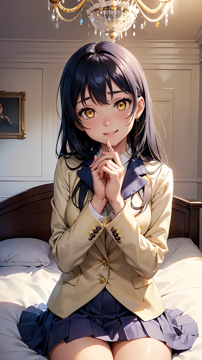 umi sonoda, long hair, blue hair, (yellow eyes:1.5), blazer, blue skirt, jacket, otonokizaka school uniform, pleated skirt, school uniform, winter uniform, --(8K, raw, highest quality, real 1.2), ultra high quality, high resolution, highest quality, perfect face, perfect limbs, perfect fingers, high resolution, (beautiful anime face, cute face, detailed face), smile of joy, smiling expression, sitting on bed, cowboy shot, miniature human hand, (((medium bust 1.3))), (((thin thighs 1.3))), ((white walls bedroom 1.5)), ((white framed bed 1.5)), ((white ceiling bedroom 1.5)), ((divine light 1.5)), pure white chalk interior, pure white marble interior, ((Pure white bedroom like a Western castle: 1.5)), ((Luxurious pure white canopy bed: 1.4)), ((Chandelier: 1.4))), ((Pure white bed 1.5)), ((Beautifully decorated bedroom 1.5)), perfect anatomy, perfect proportions, nice lighting, bright colors, clean lines, information, blurred, stunning facial expression, restless emotions, gorgeous and cute, beautiful face and eyes in every detail, (masterpiece) beautiful face, young and handsome girl, really perfect skin, blurred, stunning facial expression, restless emotions, gorgeous and cute, beautiful face and eyes in every detail, (Audrey Hepburn), (cute), (J-POP idol), (thighs, (depth of field), (depth of field), soft light, glittering lens gaze, (droopy eyes), straight teeth, shy smile, flowing hair, a scene from Blake's movie,,