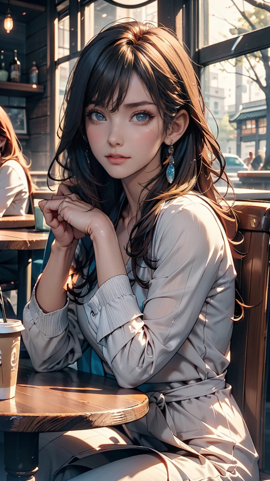 Korean woman sitting at a cafe table drinking coffee、Photos of Lee Gahyeon。Window sunlight, Blue Hair, Dynamic pose, Skin Texture, Pale skin, Glowing Skin, (slim, small:1.2), [:(Sharp focus on the face, Detailed face, Perfect Eyes, View your viewers:1.2):0.2], Realistic, Film Grain, Highest quality, masterpiece 