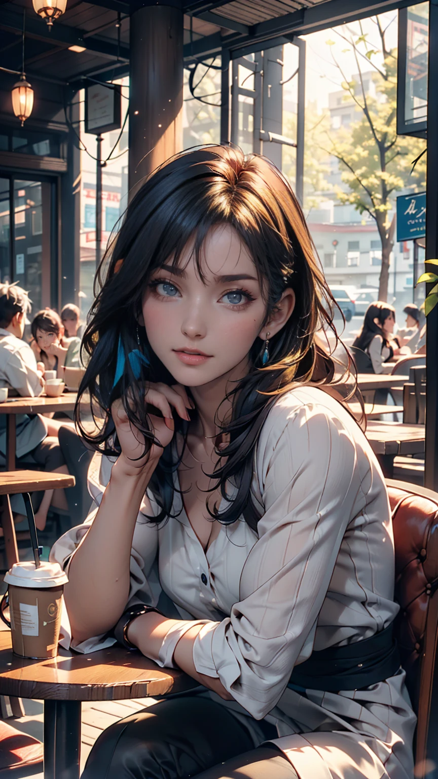 Korean woman sitting at a cafe table drinking coffee、Photos of Lee Gahyeon。Window sunlight, Blue Hair, Dynamic pose, Skin Texture, Pale skin, Glowing Skin, (slim, small:1.2), [:(Sharp focus on the face, Detailed face, Perfect Eyes, View your viewers:1.2):0.2], Realistic, Film Grain, Highest quality, masterpiece 