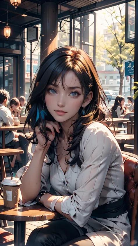 korean woman sitting at a cafe table drinking coffee、photos of lee gahyeon。window sunlight, blue hair, dynamic pose, skin textur...