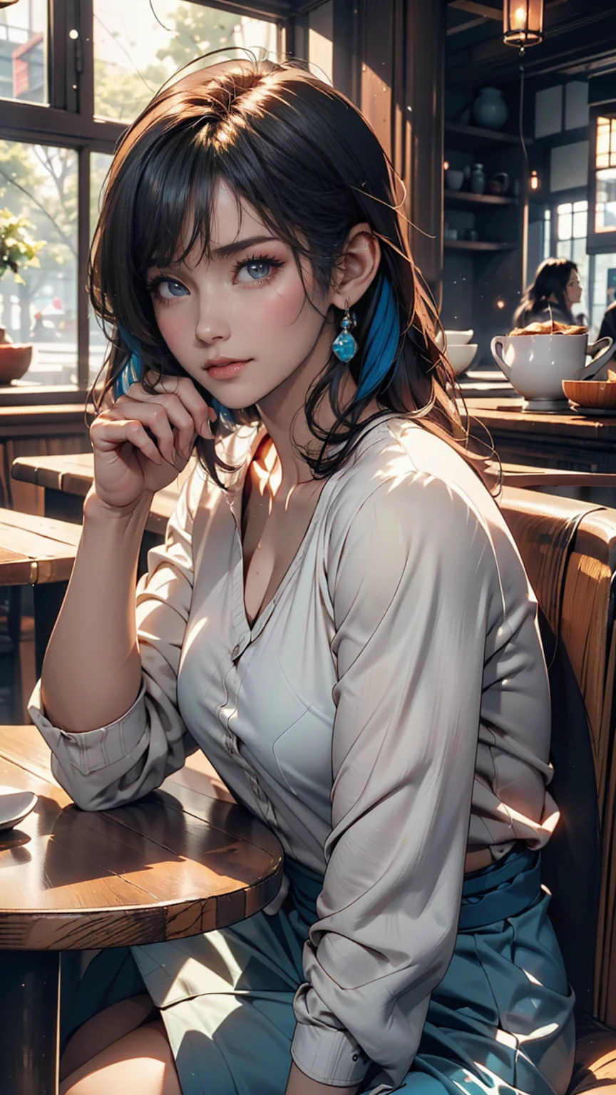 Korean woman sitting at a cafe table drinking coffee、Photos of Lee Gahyeon。Window sunlight, Blue Hair, Dynamic pose, Skin Texture, Pale skin, Glowing Skin, (slim, small:1.2), [:(Sharp focus on the face, Detailed face, Perfect Eyes, View your viewers:1.2):0.2], Realistic, Film Grain, Highest quality, masterpiece 