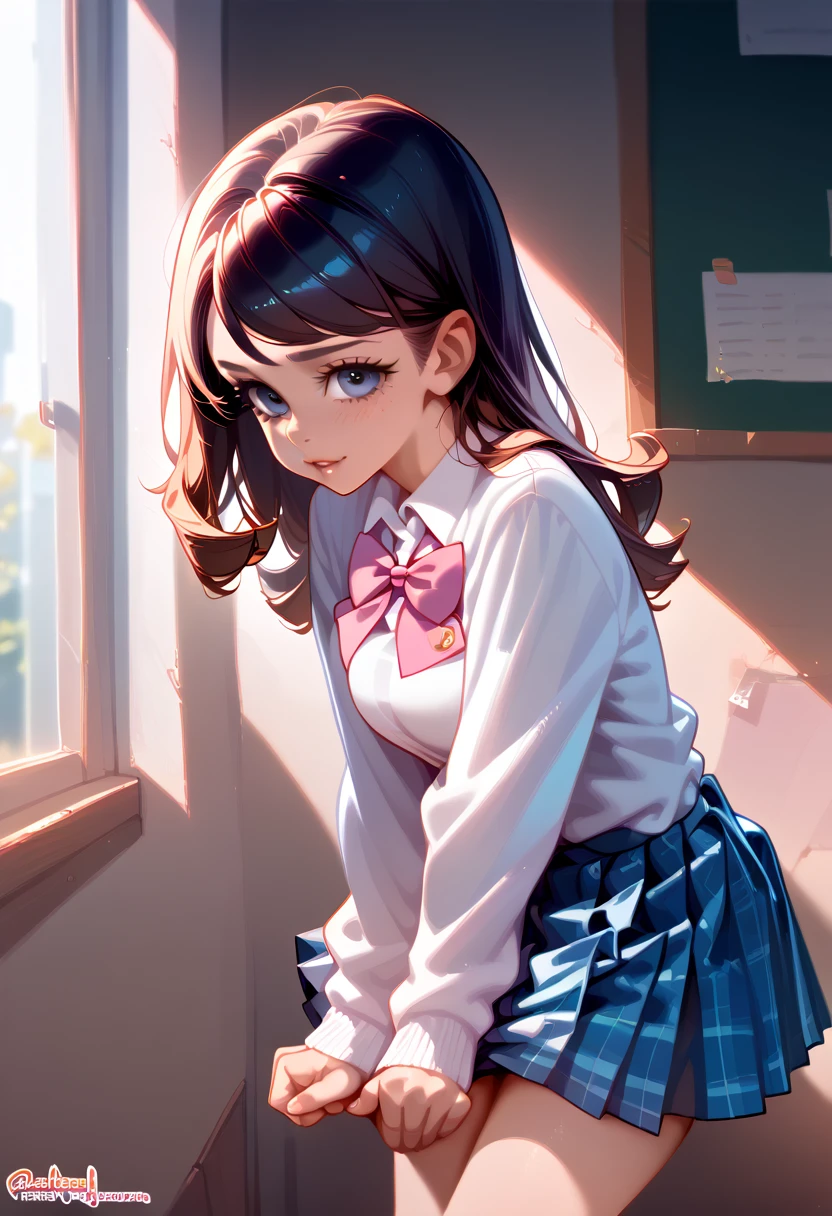 a woman in a pink plaid skirt and white shirt posing, dressed as schoolgirl, hyperrealistic schoolgirl, cute schoolgirl, realistic schoolgirl, betty cooper, school girl, a hyperrealistic schoolgirl, magic school uniform, of a schoolgirl posing, school uniform, magical school student uniform, cyber school girl, teenage female schoolgirl, wearing school uniform