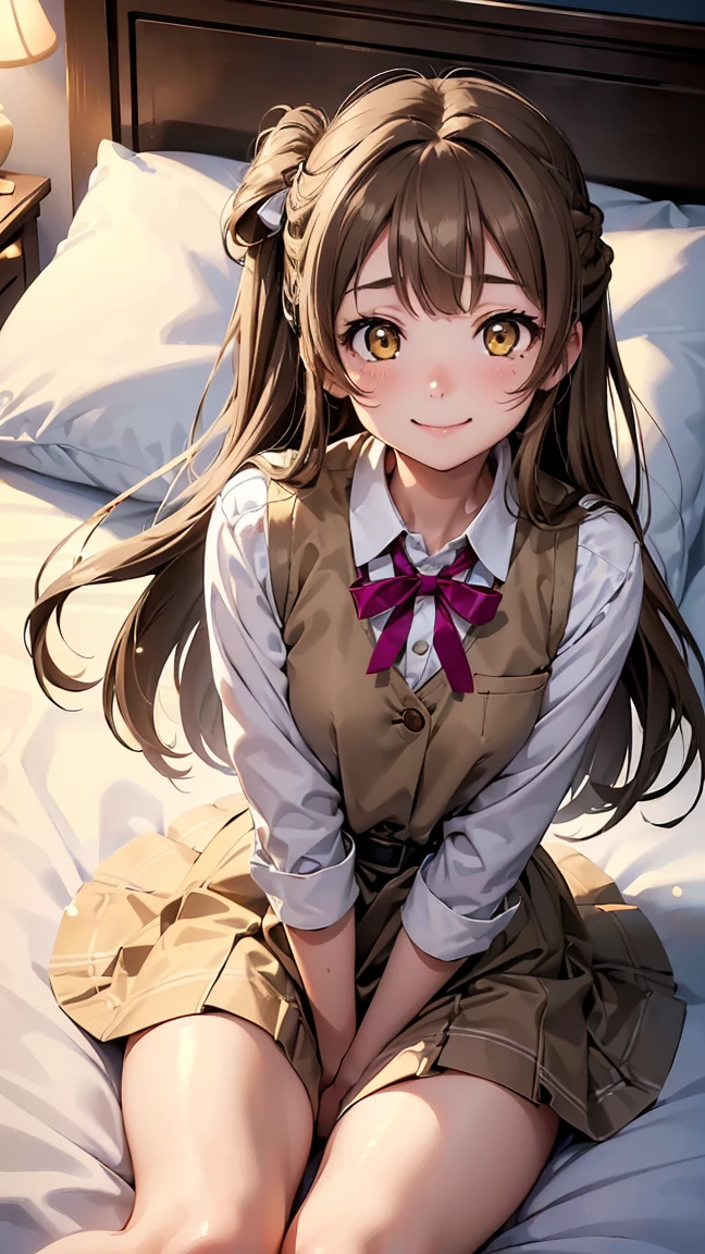 kotori minami, long hair,(((white brown hair:1.5))), (yellow eyes:1.3), hair bow, one side up, skirt, school uniform, jacket, blazer, winter uniform, otonokizaka school uniform, -- ((Top view 1.3))),((Top view of lying down 1.3))), ((Lying on bed with legs spread wide))), (Wet genitals 1.2), (((Best smile 1.3))), (((Lying on back 1.3))), ((Lying on bed 1.3))), (Cute expression), ((Blushing and shy expression 1.3)), kanon shibuya, long hair, bangs, (purple eyes:1.1), orange hair, hair between eyes,shirt, dress, ribbon, school uniform, jacket, white shirt, open clothes, collared shirt, open jacket, red ribbon, neck ribbon, blue jacket, pinafore dress, grey dress, yuigaoka school uniform,---(8K, Raw, Highest quality, Real 1.2), Ultra High Quality, High Resolution, Top Quality, Perfect Face, Perfect Limbs, Perfect Fingers, High Resolution, (Beautiful Anime Face, Cute Face, Detailed Face), Joyful Smile, Smiling Expression, Lying on Bed, Cowboy Shot, Miniature Human Hands, (((medium Bust 1.3))), (((Thin Thighs 1.3))), Pure White Chalk Interior, Pure White Marble Interior, ((Pure White Bedroom Like Western Castle 1.5)), (((Luxurious Pure White Canopy Bed 1.4)), (((Chandelier 1.4))), ((Pure White Bed 1.5)), ((Beautifully Decorated Bedroom 1.5)), ((Modern Style Bedroom 1.5 )), perfect anatomy, perfect proportions, nice lighting, bright colors, clean lines, information, blurred, stunning facial expressions, restless emotions, gorgeous and cute, beautiful face and eyes with every detail, (masterpiece) beautiful face, young and handsome girl, really perfect skin, blurred, facial expressions, restless emotions, gorgeous and cute, beautiful face and eyes with every detail, (Audrey Hepburn), (cute), (J-POP idol), (thighs, (depth of field), (depth of field), soft light, sparkling lens gaze, (droopy eyes), straight teeth, shy smile, fluttering hair, a scene from Blake's movie,,