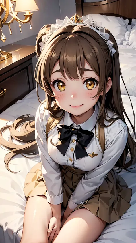 kotori minami, long hair,(((white brown hair:1.5))), (yellow eyes:1.3), hair bow, one side up, skirt, school uniform, jacket, bl...