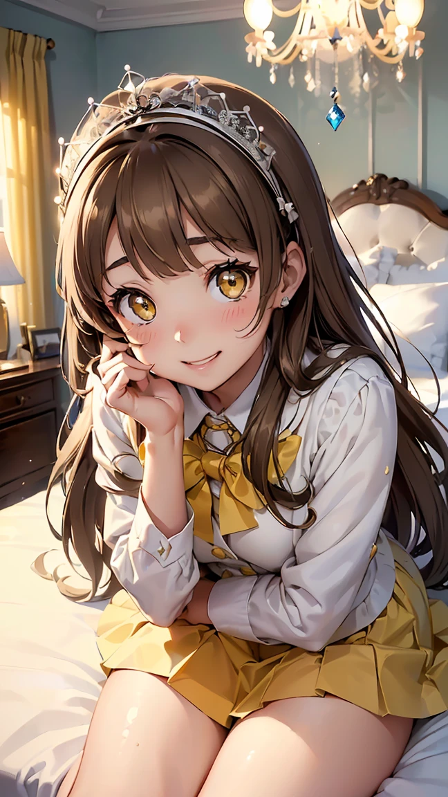 kotori minami, long hair,(((white brown hair:1.5))), (yellow eyes:1.3), hair bow, one side up, skirt, school uniform, jacket, blazer, winter uniform, otonokizaka school uniform, -- ((Top view 1.3))),((Top view of lying down 1.3))), ((Lying on bed with legs spread wide))), (Wet genitals 1.2), (((Best smile 1.3))), (((Lying on back 1.3))), ((Lying on bed 1.3))), (Cute expression), ((Blushing and shy expression 1.3)), --(8K, Raw, Highest quality, Real 1.2), Ultra High Quality, High Resolution, Top Quality, Perfect Face, Perfect Limbs, Perfect Fingers, High Resolution, (Beautiful Anime Face, Cute Face, Detailed Face), Joyful Smile, Smiling Expression, Lying on Bed, Cowboy Shot, Miniature Human Hands, (((small Bust 1.3))), (((Thin Thighs 1.3))), Pure White Chalk Interior, Pure White Marble Interior, ((Pure White Bedroom Like Western Castle 1.5)), (((Luxurious Pure White Canopy Bed 1.4)), (((Chandelier 1.4))), ((Pure White Bed 1.5)), ((Beautifully Decorated Bedroom 1.5)), ((Modern Style Bedroom 1.5 )), perfect anatomy, perfect proportions, nice lighting, bright colors, clean lines, information, blurred, stunning facial expressions, restless emotions, gorgeous and cute, beautiful face and eyes with every detail, (masterpiece) beautiful face, young and handsome girl, really perfect skin, blurred, facial expressions, restless emotions, gorgeous and cute, beautiful face and eyes with every detail, (Audrey Hepburn), (cute), (J-POP idol), (thighs, (depth of field), (depth of field), soft light, sparkling lens gaze, (droopy eyes), straight teeth, shy smile, fluttering hair, a scene from Blake's movie,,