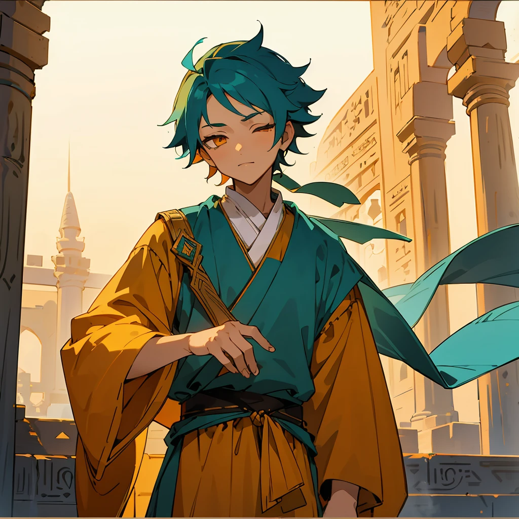 1 boy, Turquoise hair, orange eyes, Arabian style, handsome, 15 years old kid, orange eye liner, soft smile closing eyes, (((ancient Arabic clothes))), Arabian nights, Egyptian style, solo