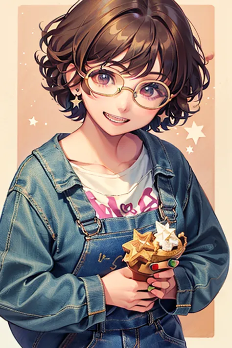 1girl, short curly hair, brown hair, brown eyes, glasses, open mouth, smiling, metal braces, star earrings, denim blue overalls,...