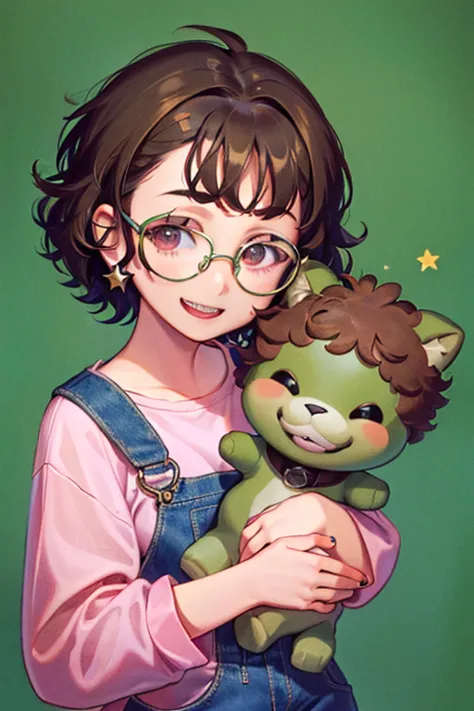 1girl, short curly hair, brown hair, brown eyes, glasses, open mouth, smiling, metal braces, star earrings, denim blue overalls,...