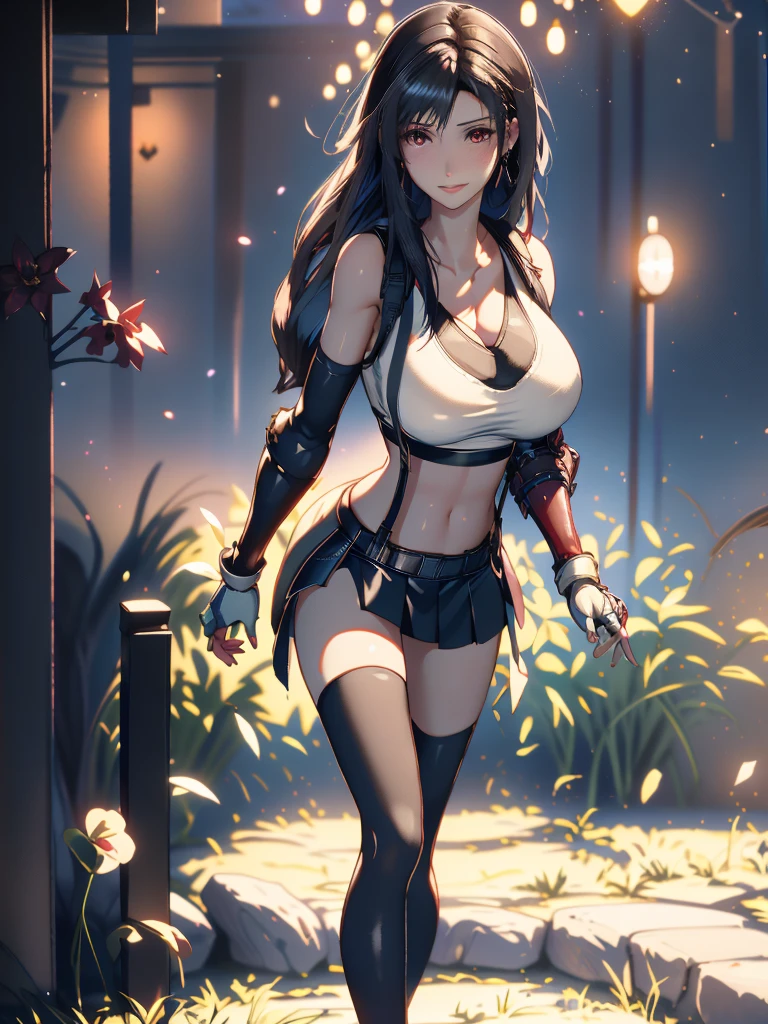 (8ｋ, highest quality, MASTERPIECE:1.2), (photorealistic:1.3), Super Detailed, girl 1 person, mature, solo, (Tifa Lockheart:1.2), (big chest), (giant breasts), (((huge lift clothes to show bra))), (((black bra))), (beautiful red eyes), (smiling:1.2), (Closed), erotic pose, dance, neon lights, street scenery, Depth Of Field, Dark and strong shadows, Sharp focus, auto, motion blur, bike, Depth Of Field, composition, Glowing green light, Final Fantasy VII, (nose blush), Single Elbow Pad, Ankle Boots, dark black hair, toned thighs, red boots, Elbow Gloves, Elbow pads, Fingerless Gloves, Taut Shirt, sports bra, (suspenders), (Black Skirt), tights, white tank top, All over body, head rest, Lips, delicate facial structure, Low Tie Long Hair, (red_Ojo), Yellow flowers, (night:1.3), Complex, Bokeh, Cinematic Lighting, Photon mapping, Radiosity, physically based rendering, NSFW, Perfect Breasts