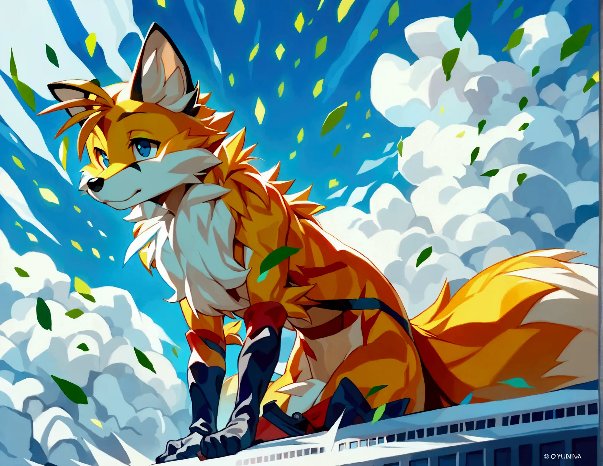 mammal, canid, canine, fox, yuji_uekawa, naoto_ohshima, official_art, miles_prower, young, male, anthro, solo, anthro, mostly_nu...