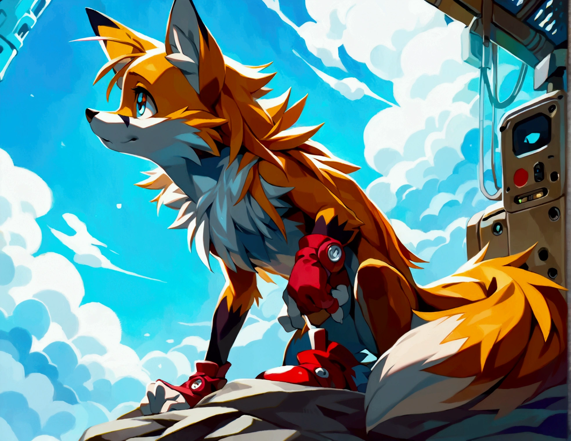 mammal, canid, canine, fox, yuji_uekawa, naoto_ohshima, official_art, miles_prower, young, male, anthro, solo, anthro, mostly_nude, featureless_crotch, red_footwear, white_gloves, sega, sky, 2_tails, digital_painting, (masterpiece, best_quality), safe