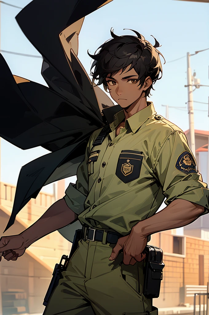 1 man, black hair, Brown eyes, Police outfit, African American Skin Color, Town Background, Perfect Quality