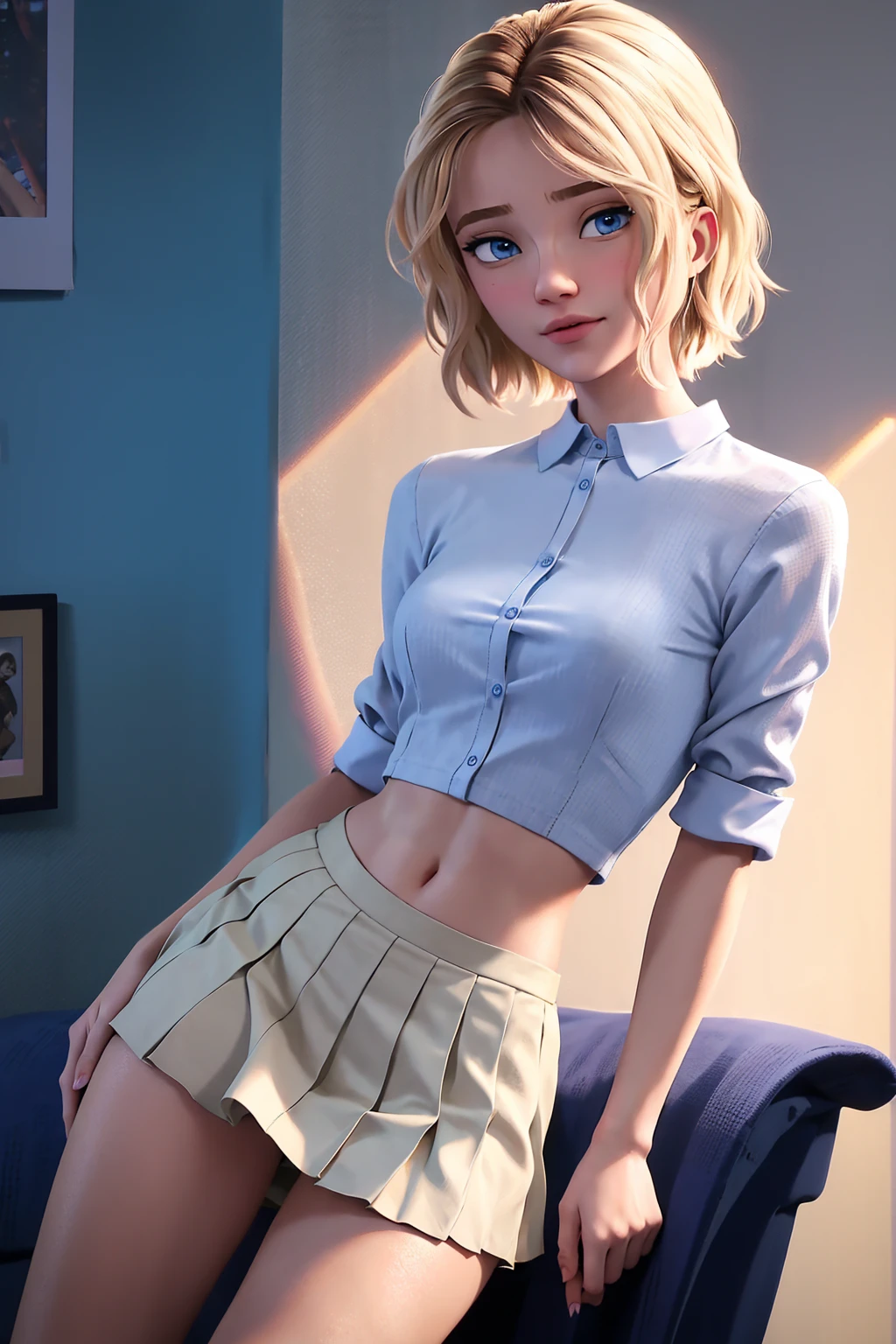 (Best Quality, Masterpiece),sexy, erotic, 1girl, solo, 1 girl, solo, 18 years old, Contempt, pride, short hair, blue eyes, looking at viewer, warm light, standing, small breasts, smirk, sexy, short pleated skirt, unbuttoned collared shirt, open shirt, upskirt, pantsu,
