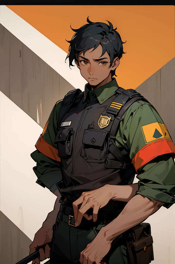 1 man, black hair, Brown eyes, Police outfit, African American Skin Color, Town Background, Perfect Quality