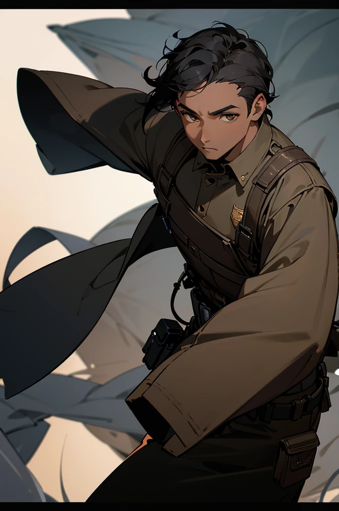 1 man, black hair, Brown eyes, Police outfit, African American Skin Color, Town Background, Perfect Quality