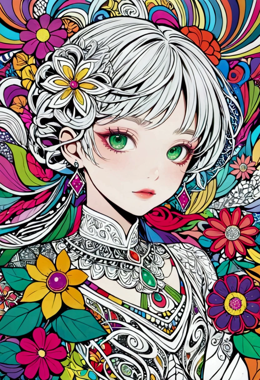 Official Art, colorful, 非常To詳細, beautiful and aesthetic, beautiful, masterpiece, Highest quality, (zenTangle, colorful, Tangle, enTangle), (Flower Ecstasy:1.2) Dynamic Angle, To, the most beautiful form of chaos, elegant, Brutalist Design, Vibrant colors, Romanticism, Venus、The background is silver&green: 白いオーラTo包まれて、god々Shii、An illustration、、whole body