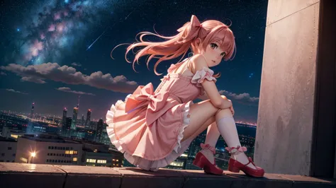 a girl on the top of a skyscraper,  looking at viewer, blush, sky, night, starry sky, galaxy, outdoors, cityscape, full body, bo...