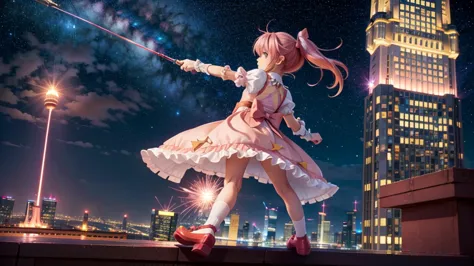 a girl on the top of a skyscraper,  looking at viewer, blush, sky, night, starry sky, galaxy, outdoors, cityscape, full body, bo...