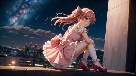 a girl on the top of a skyscraper,  looking at viewer, blush, sky, night, starry sky, galaxy, outdoors, cityscape, full body, bo...