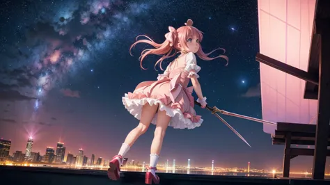 a girl on the top of a skyscraper,  looking at viewer, blush, sky, night, starry sky, galaxy, outdoors, cityscape, full body, bo...